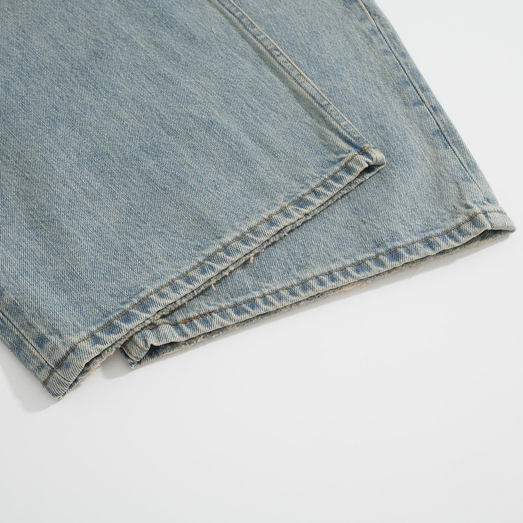 Men's Four Seasons Do Old Low Waist Zipper Closure Solid Color Cotton Loose Denim Jeans Autonomous Label-Free Casual Pants Ngvp #9922