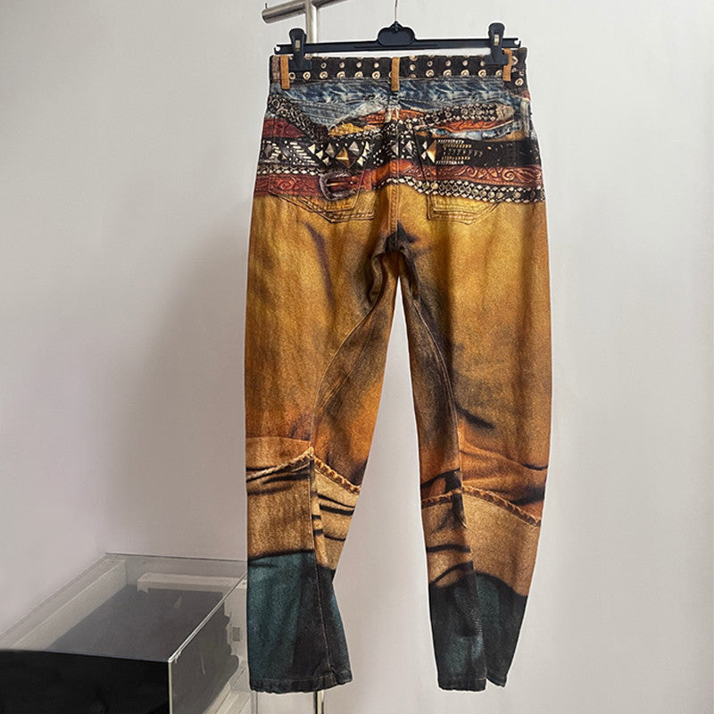 Ngvp Men's Four Seasons 3D Printed Low Rise Solid Color Loose Jeans Autonomous Label-Free Casual Pants #9923