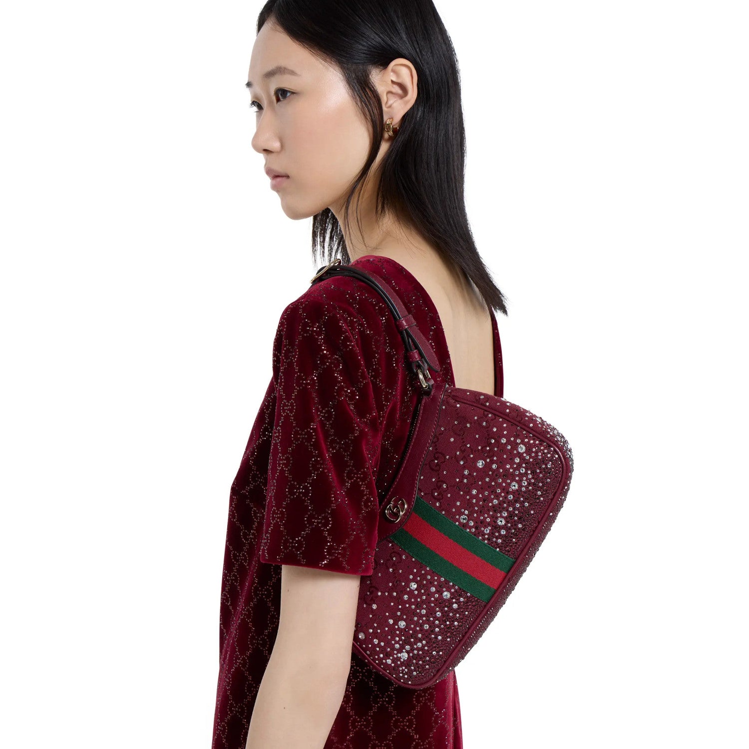 Gucci Ophidia Collection Crystal-Embellished Small Shoulder Bag Fashion Striped Satin Ribbon Gold-Tone Hardware Clutch Bag Crossbody Bags #193418
