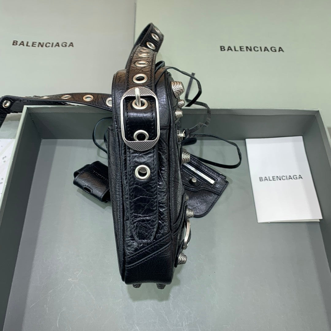 Balenciaga LE CAGOLE Men's and Women's Unisex Fashion Casual Solid-Color Leather Adjustable Strap Vertical Motorcycle Bag Shoulder Bag Crossbody Bag  Bags #78491
