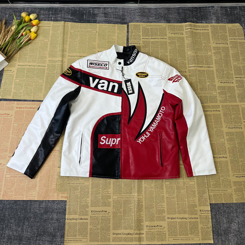 Supreme Yohji Yamamoto Marlboro Men's Women's Vintage Racing Suit Colour Blocking Fashion Leather Jacket Lapel High Street Trend Jacket Autumn and Winter #81156