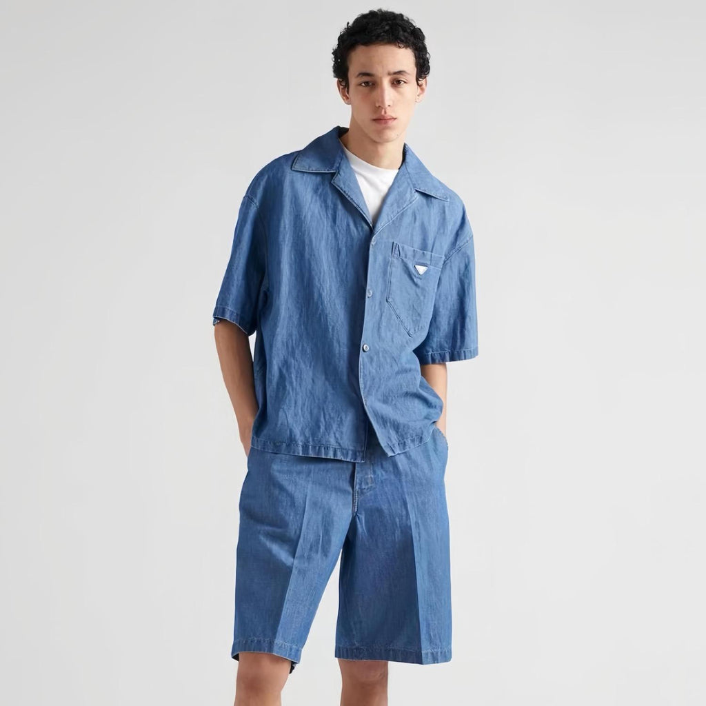 Prada Men's Summer Blue Lapel Single Breasted Short Sleeve Denim Shirt Jacket Shorts Set Suit #98554