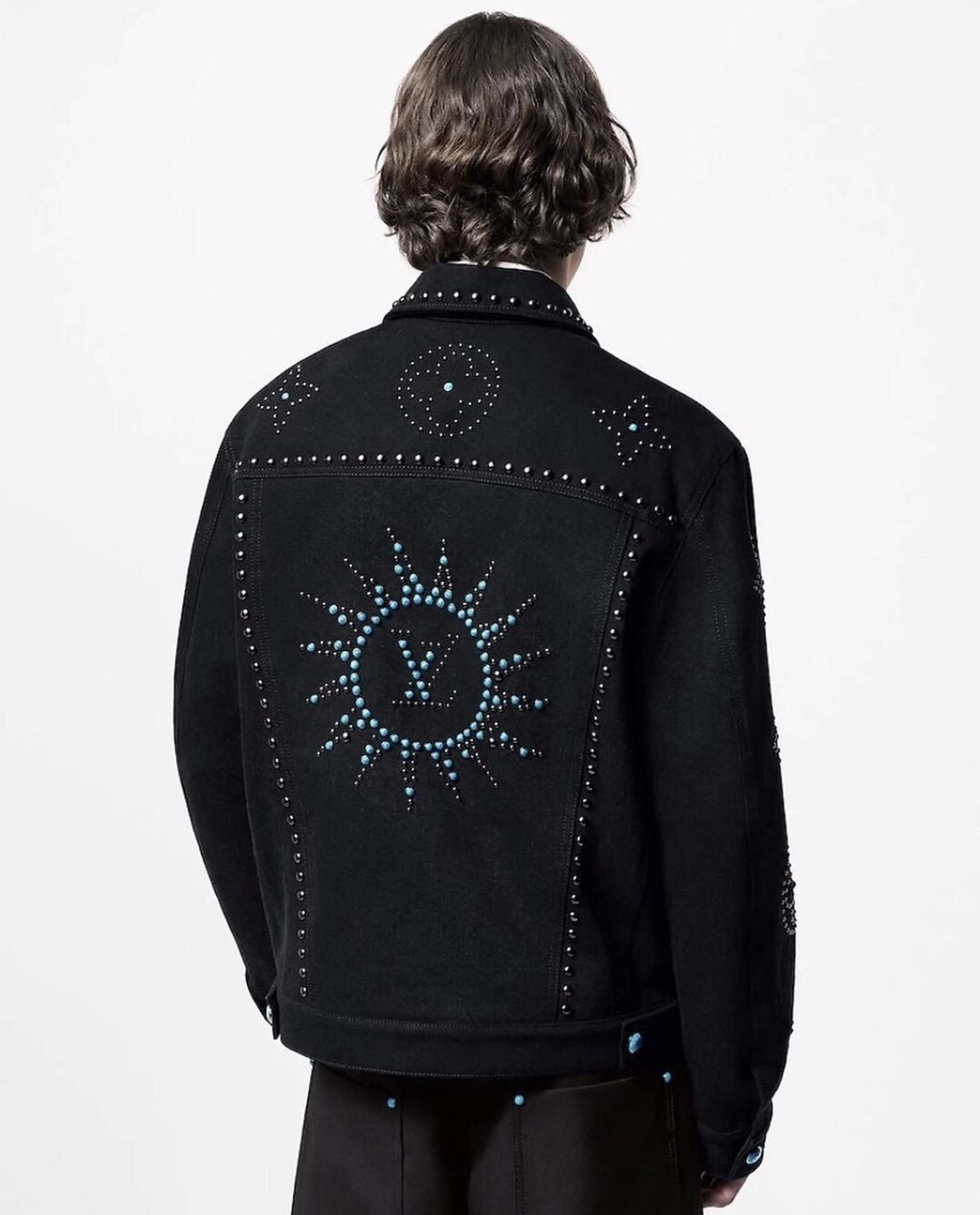 Louis Vuitton Men's Fall/Winter Black Logo Pattern Embroidery Lapel Long Sleeve Denim Jacket #73291