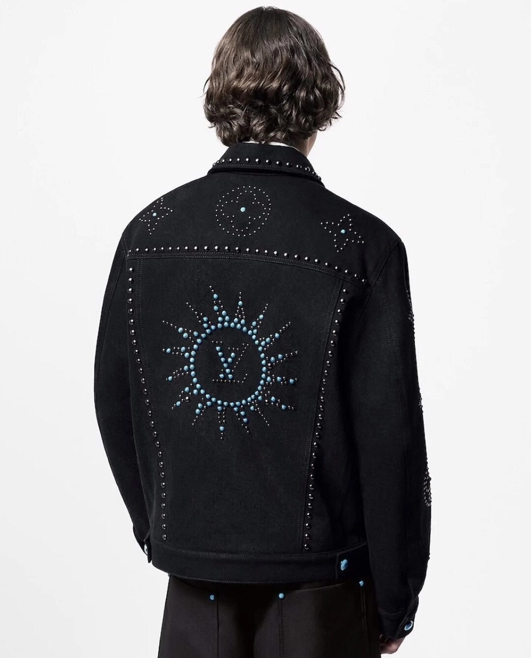 Louis Vuitton Men's Fall/Winter Black Logo Pattern Embroidery Lapel Long Sleeve Denim Jacket #73291