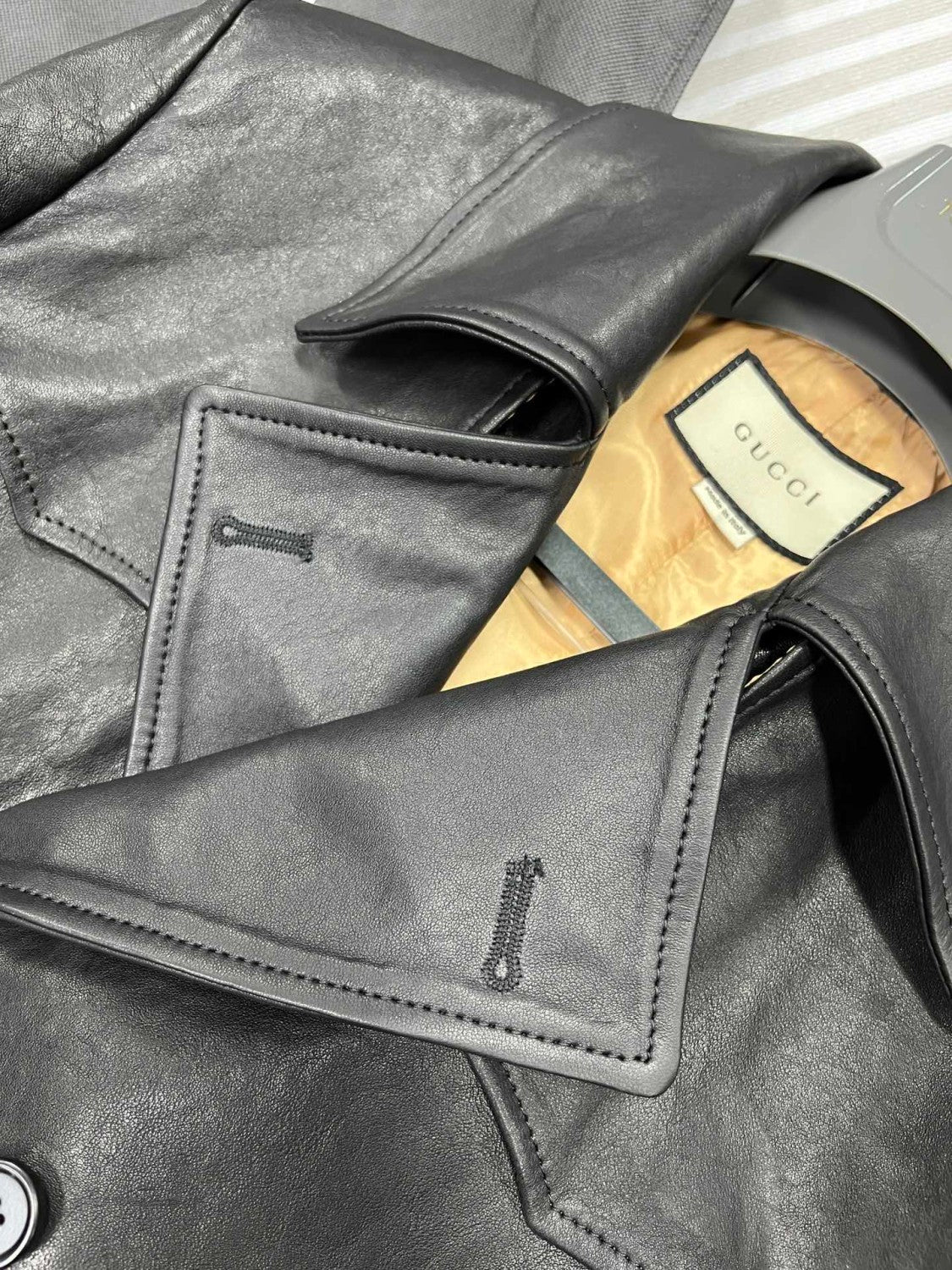 Gucci Men's Fall And Winter Black Double Breasted Lace Up Drawstring Lambskin Long Coat Jacket #99879