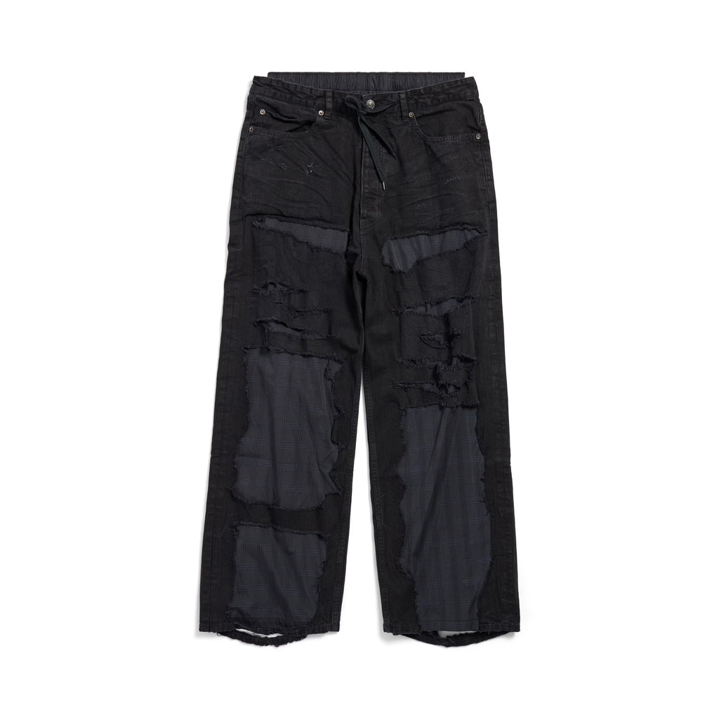 Balenciaga Men's Women's Four Seasons Cotton Black Patchwork Pajama Pants High Waist Casual Loose Straight Denim Pants Ngvp #9595