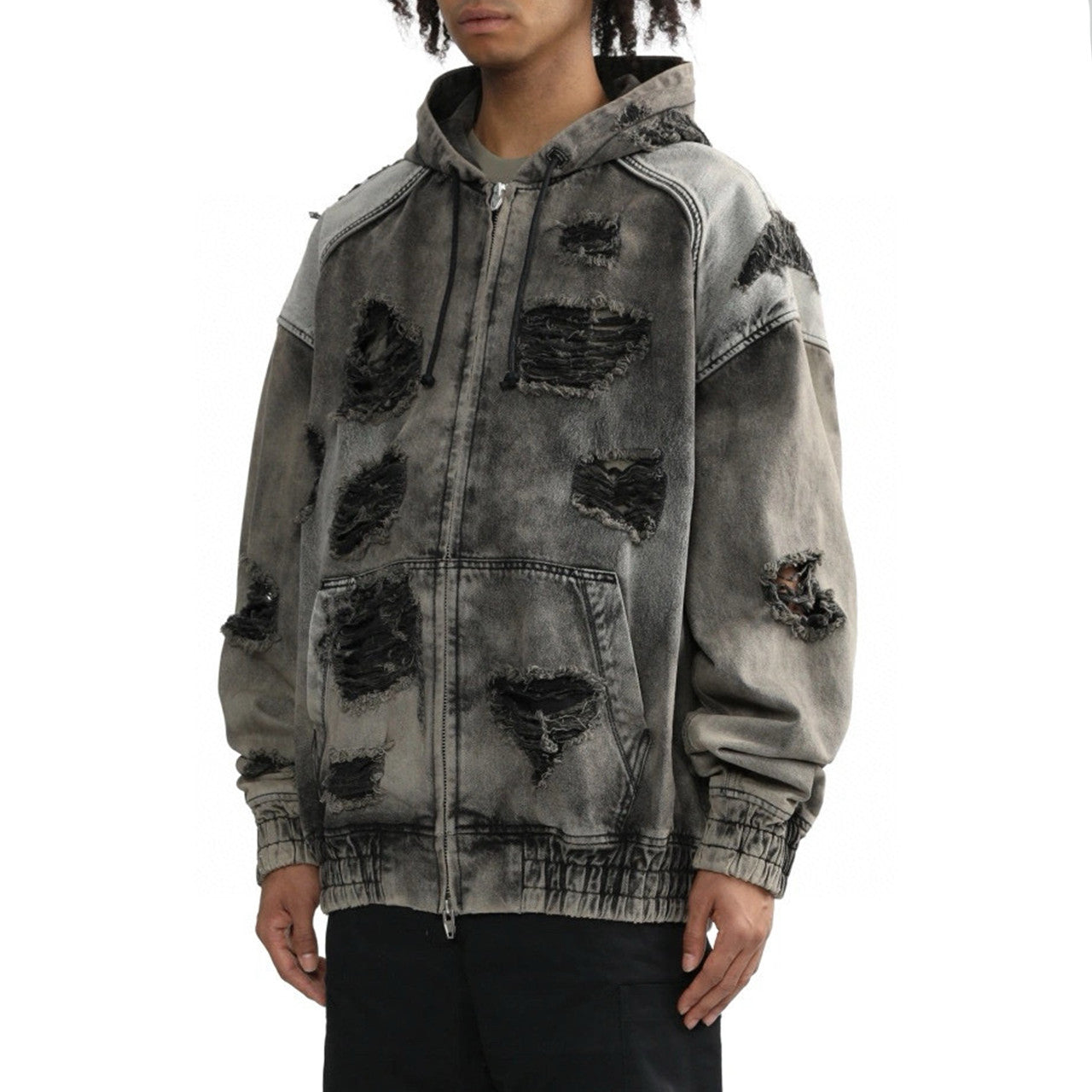 Juun.j Men's And Women's Spring And Fall Fashion Casual Washed And Old Destruction Denim Hooded Zipper Jacket Ngvp #7788