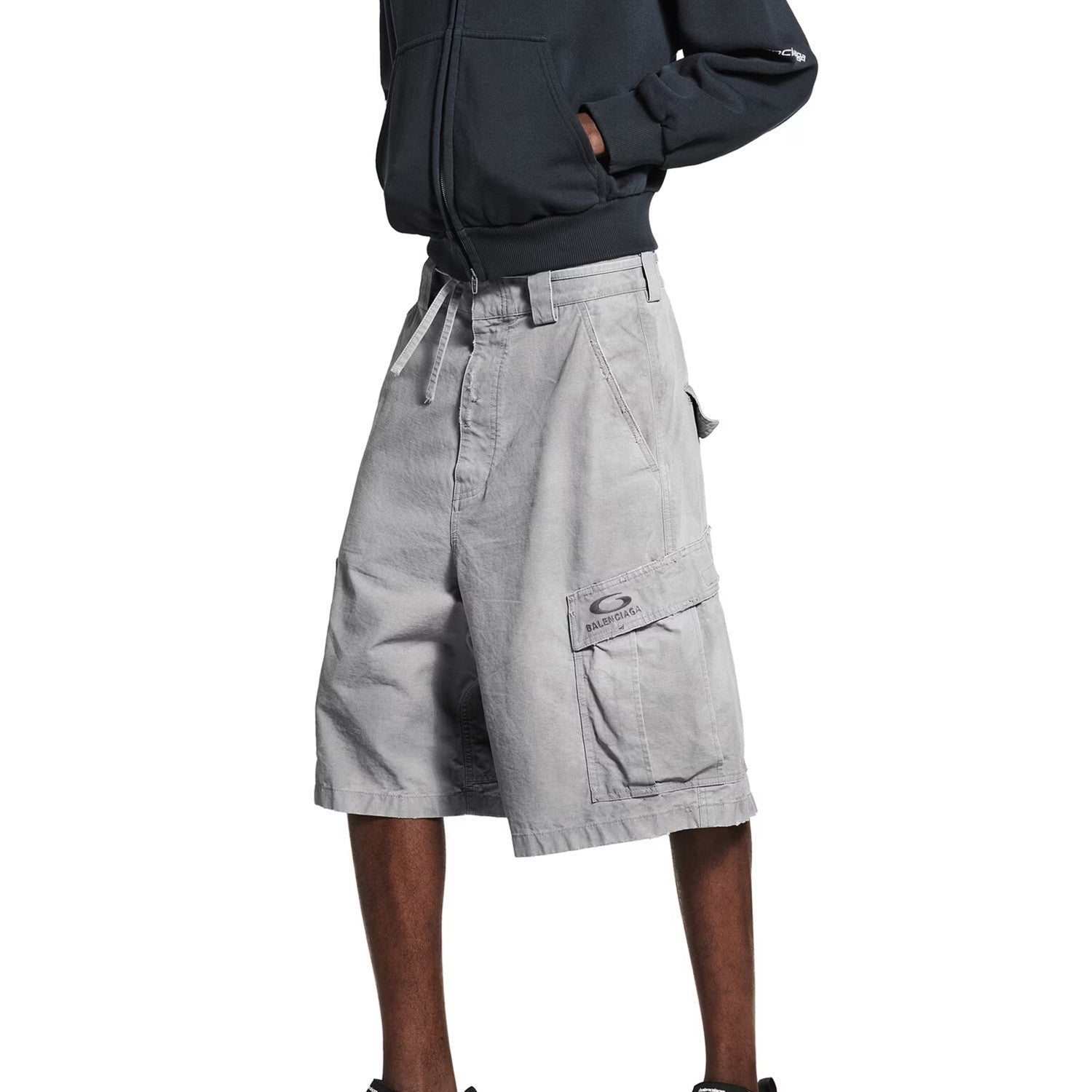 Balenciaga Men's Summer Do-Over Multi-Pocket High Street Solid Color Loose Cotton Work Shorts #77274
