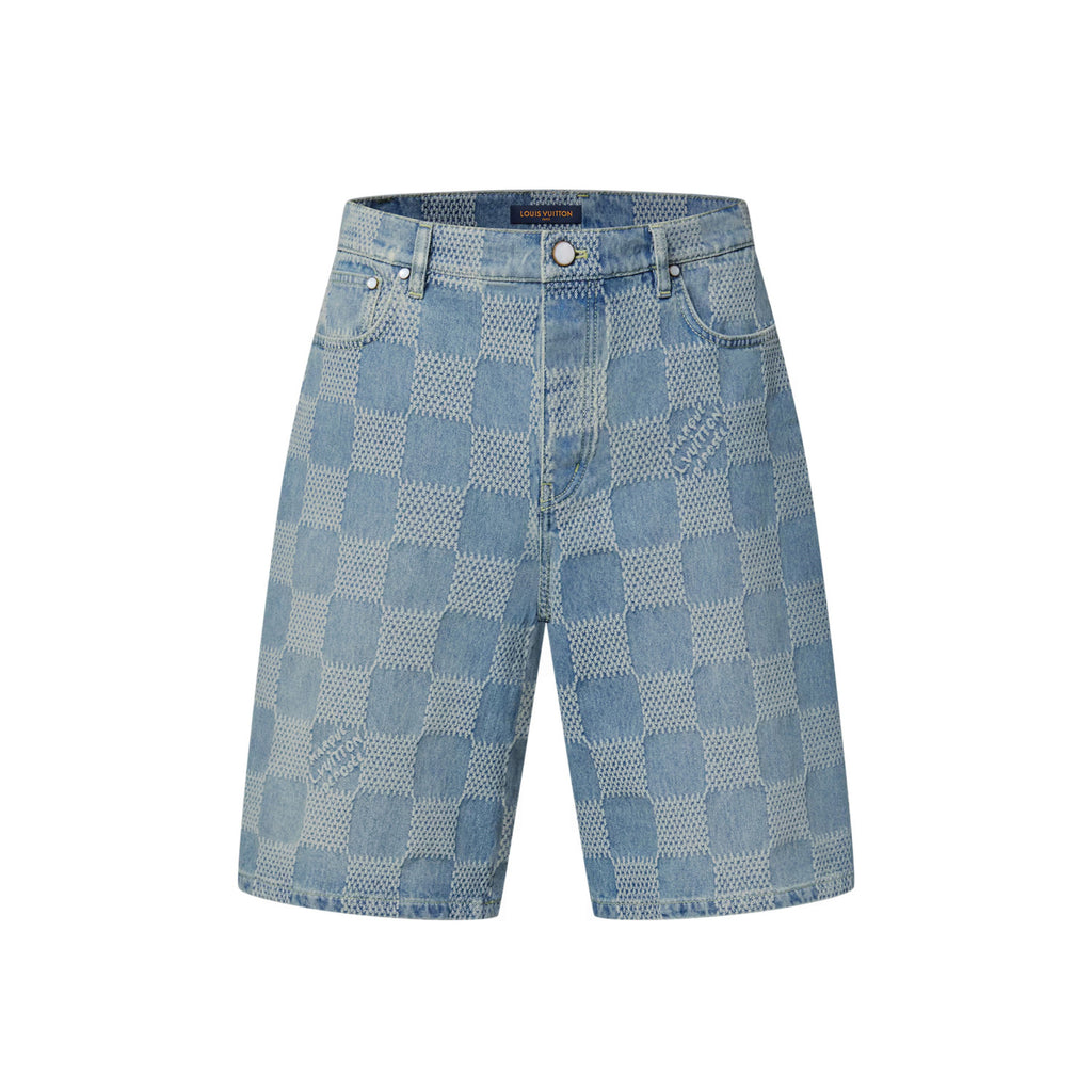 Louis Vuitton Men's Summer Blue Logo Printed Lapel Single Breasted Denim Short Sleeve Shirt Straight Jeans Shorts Set Suit #76984