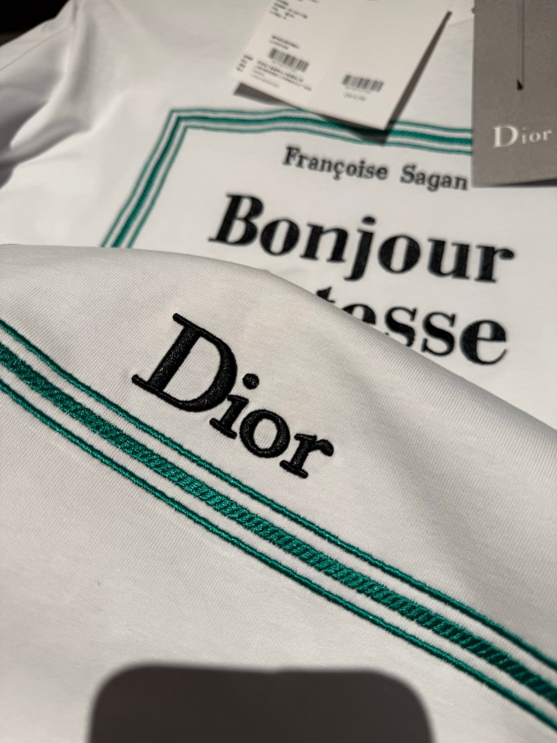 Dior T-Shirt with Book Cover Embroidery Relaxed Fit White and Green Cotton Jersey #337069