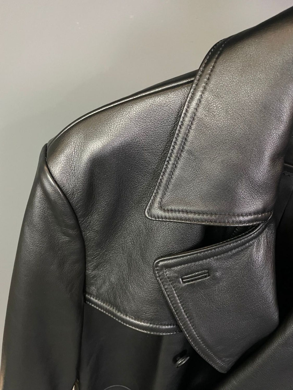 Prada Men's Fall And Winter Fashion Double-Breasted Strap Waist Long Casual Black Long-Sleeved Cowhide Trench Coat Jacket #9297