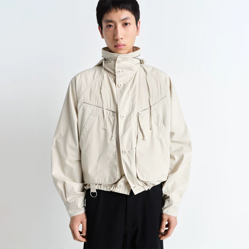 Lemaire Men's Spring/Fall Parachute Jacket Solid Color High-Neck Cotton Zipper Jacket with Zippered Pockets Ngvp #2378
