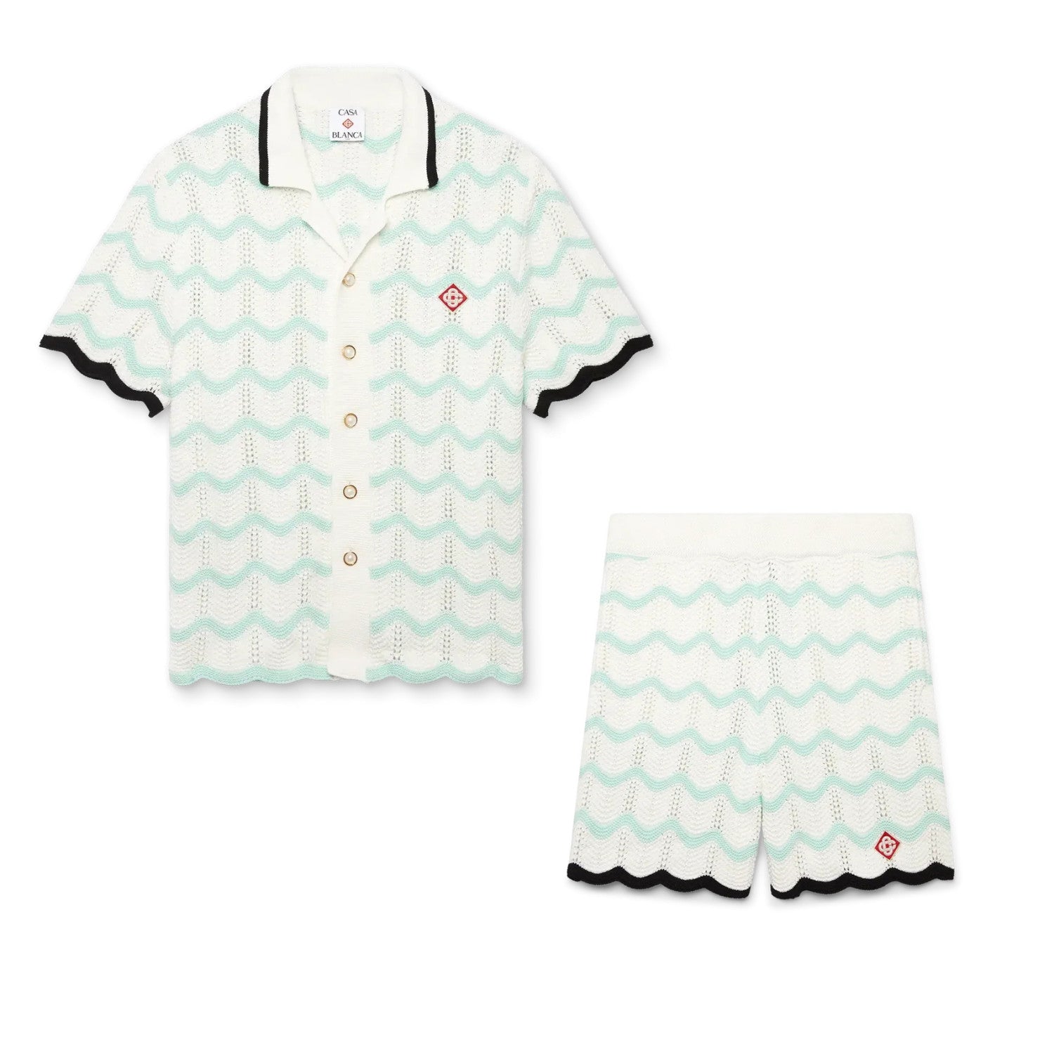 Casablanca Men's Summer Fashion Casual Knit Arch Wave Pattern Woven Pure Cotton Single Breasted Collar Shirt Waist Elastic Short Pants Suit Set #78349