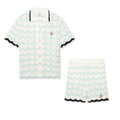 Casablanca Men's Summer Fashion Casual Knit Arch Wave Pattern Woven Pure Cotton Single Breasted Collar Shirt Waist Elastic Short Pants Suit Set #78349
