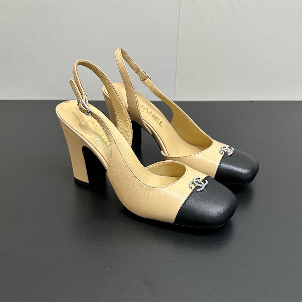 Chanel 9cm Heel Height Double C Thick Heel Back Hollow Color Block Stitching High Heel Sandals #333233