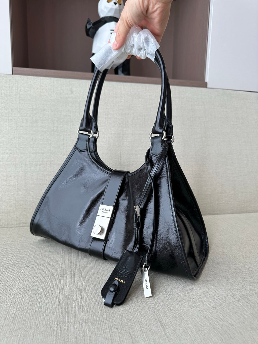 Prada Women's Fashion Classic Solid Color Leather Monogram Lock Clasp Medium Leather Tote Bag Shoulder Bag Bags #78672
