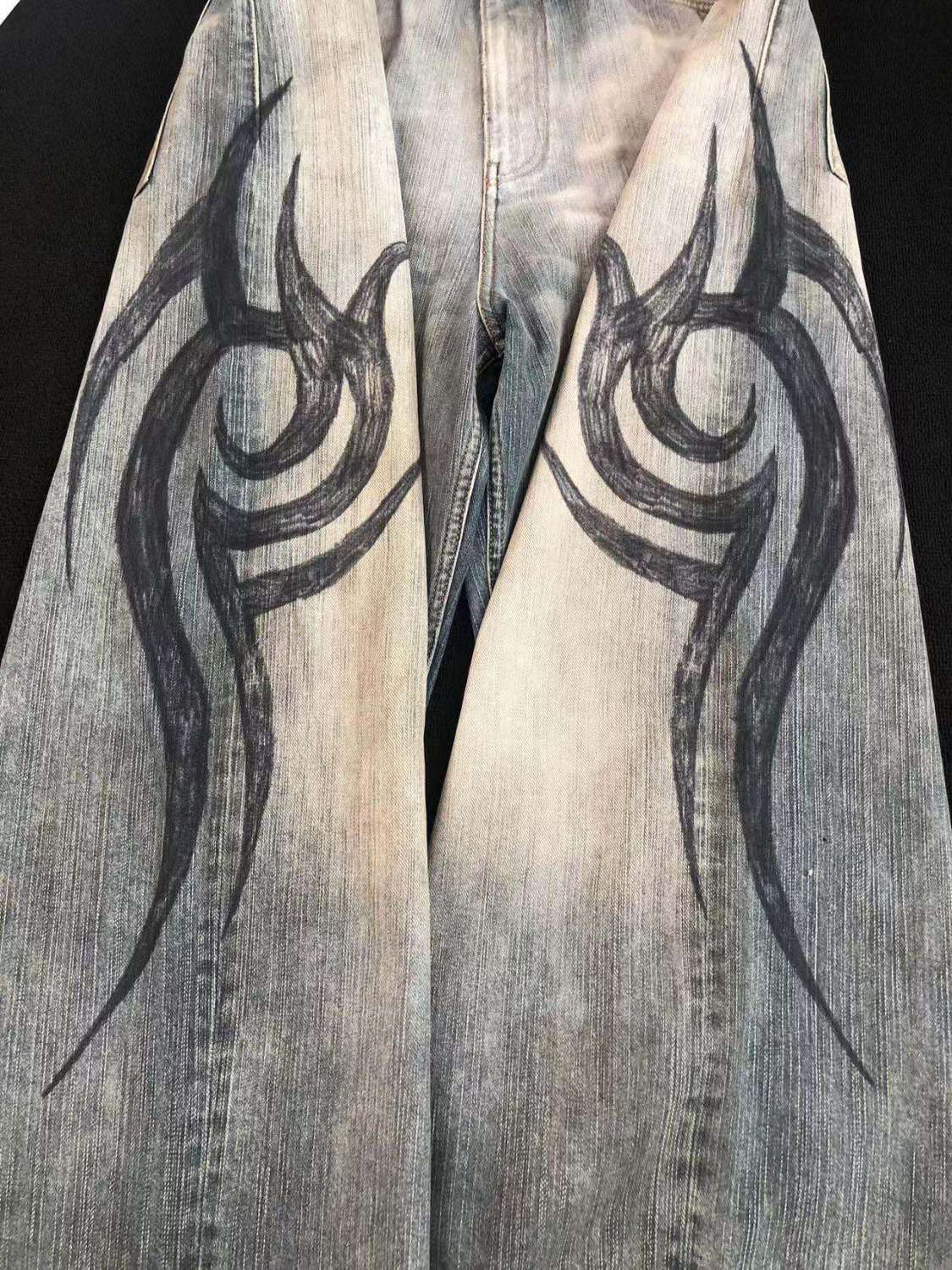 Men's Four Seasons Pattern Printed Solid Color Loose Cotton Jeans Autonomous Label-Free Casual Pants Ngvp #9921