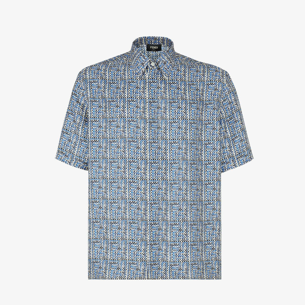 Fendi Men's Summer Blue Ff Full Print Single-Breasted Short-Sleeved Silk Shirt Casual Elastic Waist Fitted Shorts Ngvp #8663