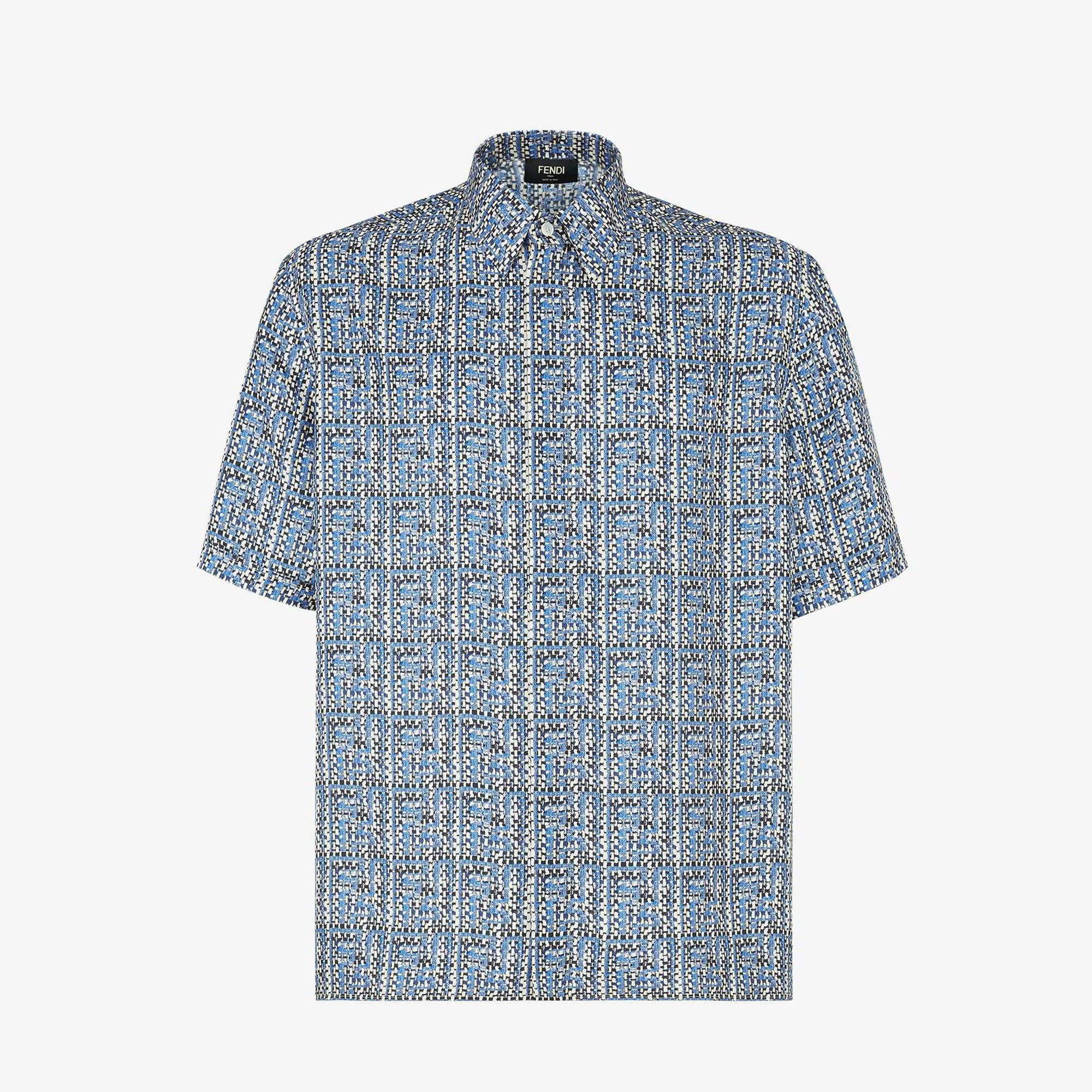 Fendi Men's Summer Blue Ff Full Print Single-Breasted Short-Sleeved Silk Shirt Casual Elastic Waist Fitted Shorts Ngvp #8663
