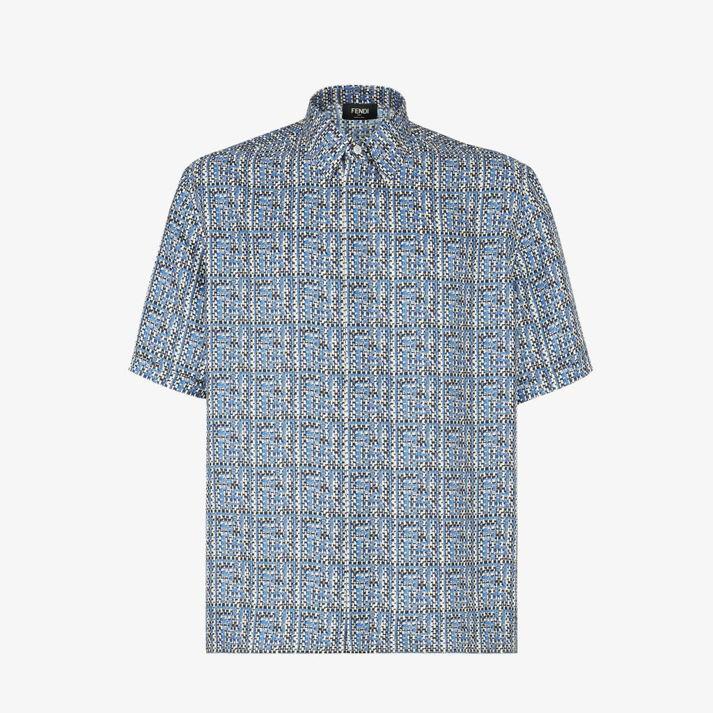 Fendi Men's Summer Blue Ff Full Print Single-Breasted Short-Sleeved Silk Shirt Casual Elastic Waist Fitted Shorts Ngvp #8663