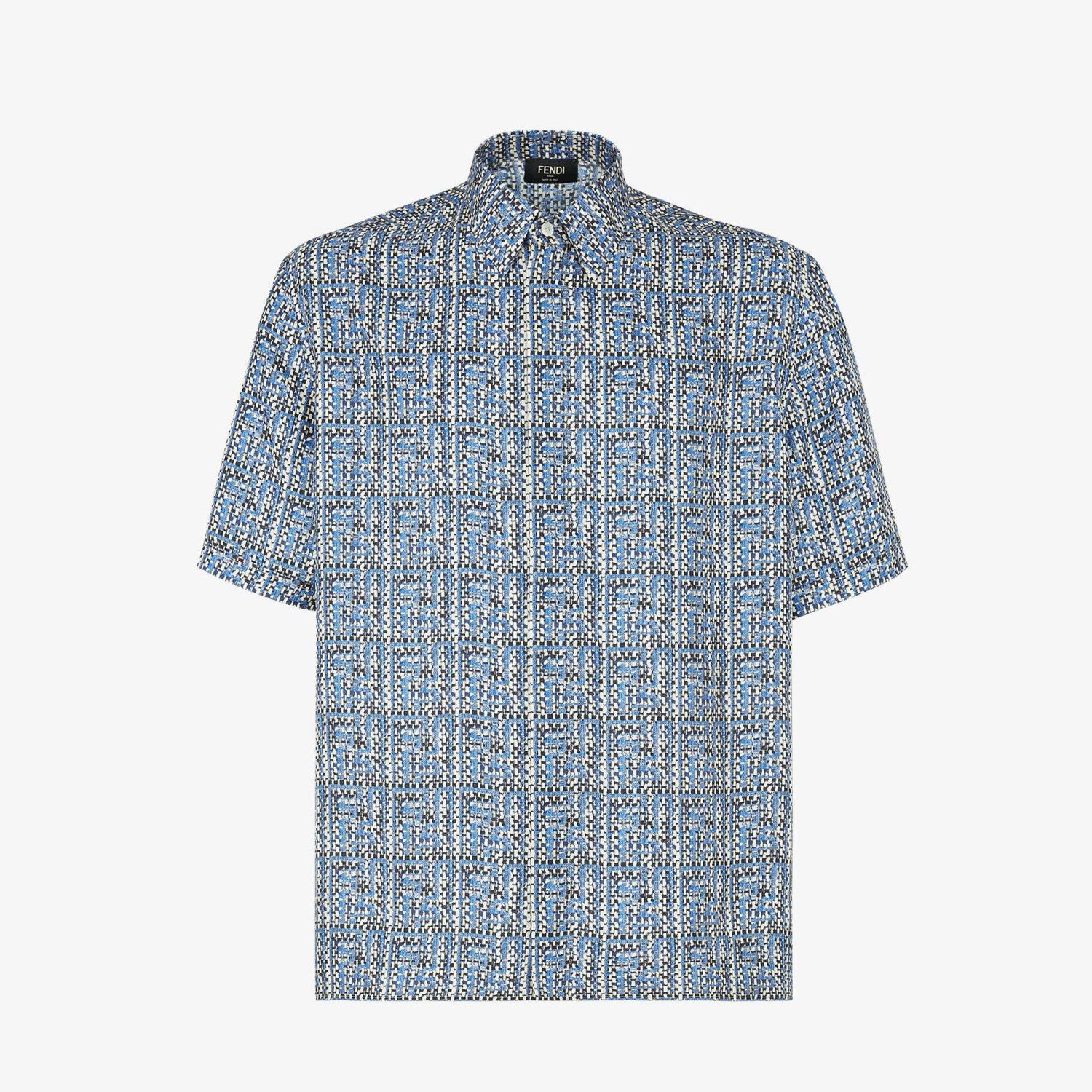 Fendi Men's Summer Blue Ff Full Print Single-Breasted Short-Sleeved Silk Shirt Casual Elastic Waist Fitted Shorts Ngvp #8663