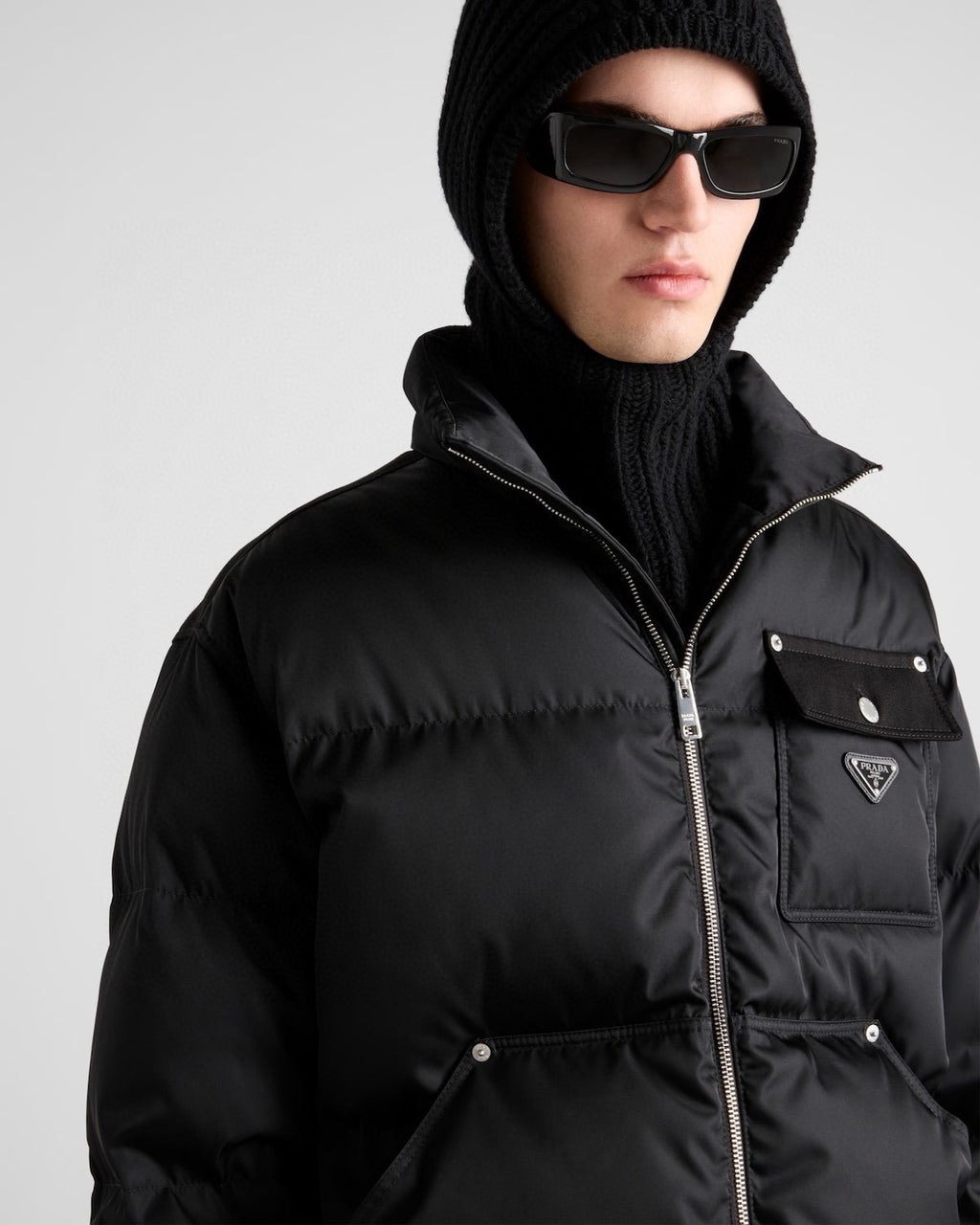 Prada Men's Autumn and Winter Solid Color Standing Collar Fit Zipper Long Sleeve Nylon Puffer Down Jacket #73889