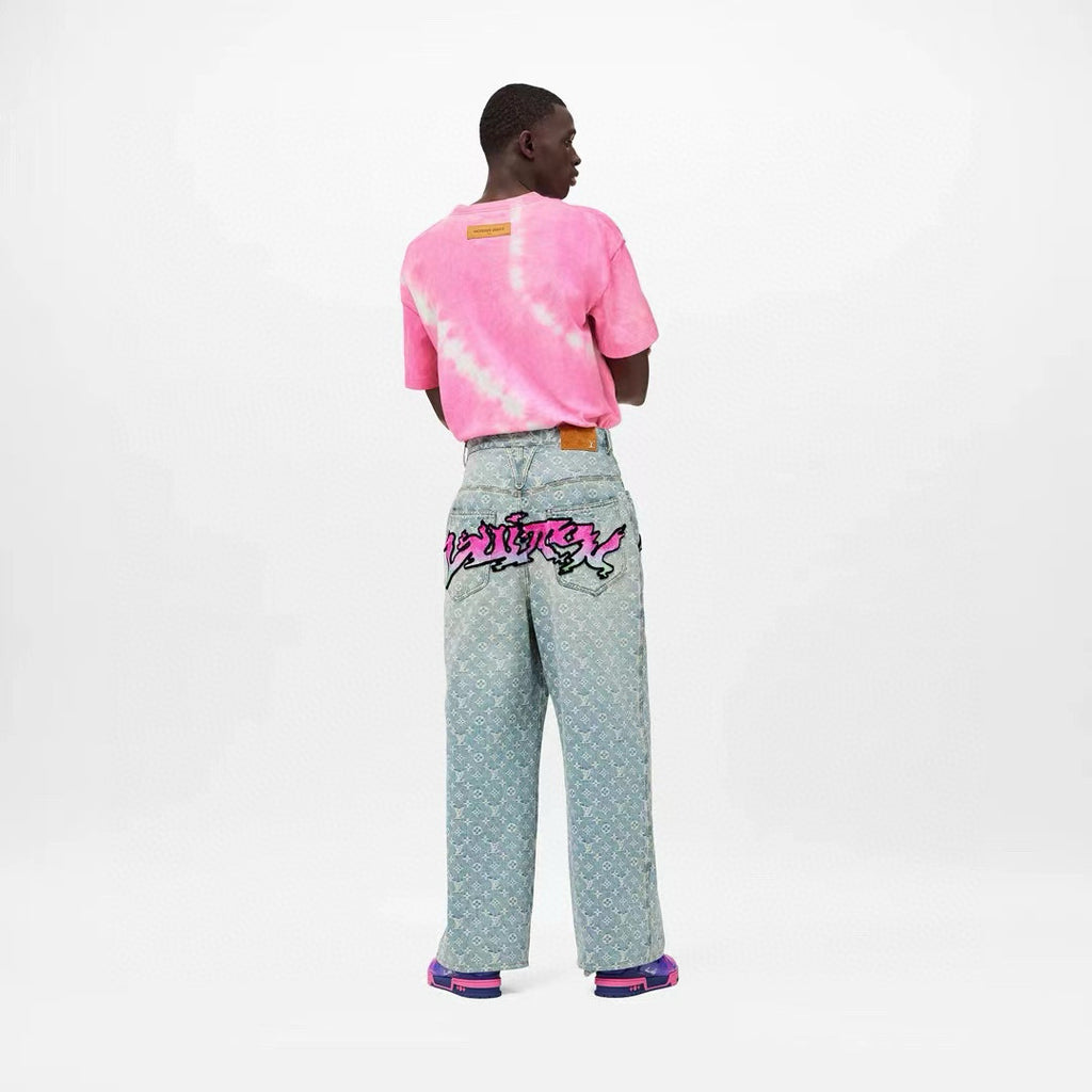 Louis Vuitton Men's Spring Autumn Solid Colour Graffiti Letter Print Casual Jeans Pants #76971