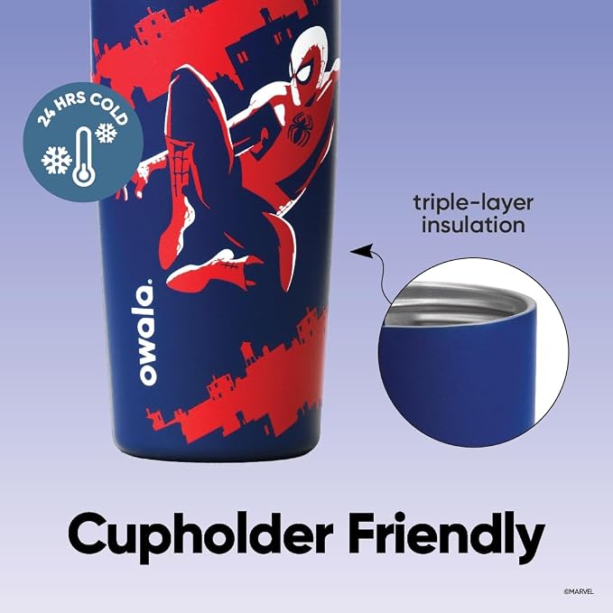 Owala Spider-Man FreeSip Sway Insulated Stainless Steel Water Bottle with Two-Way Spout. Built-in Straw and Bucket Handle. Suitable for School and Sports. 30 oz (approx. 850.5 g). BPA-Free. Leak-Proof. Swing