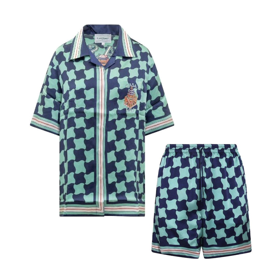 Casablanca Men's Summer Geometric Pattern Printed Single-Breasted Short-Sleeved Shirt and Casual Drawstring Shorts Set #77127
