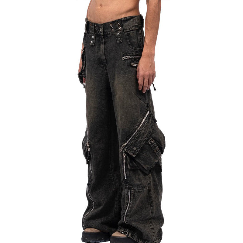 No Faith Studios Men's Solid Color Zipper Logo Embroidered Washed Jeans Loose Fit Work Pants Ngvp #7771