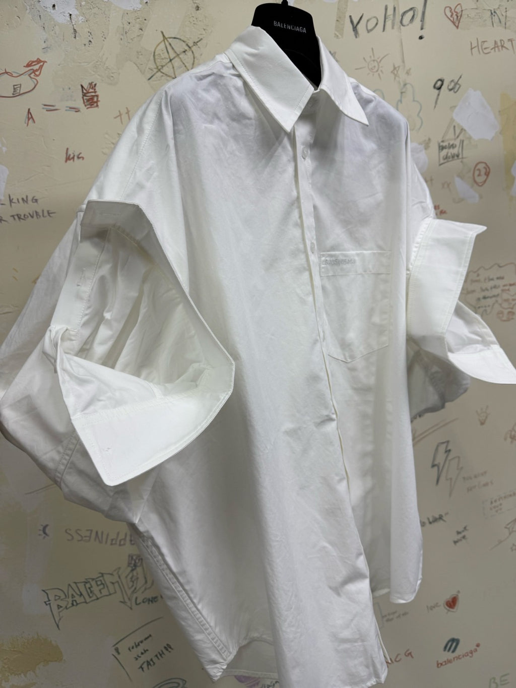 Balenciaga Men's Women's Spring Summer Autumn Lapel Fit White Cotton Poplin Round Hem Folded Sleeve Shirt Ngvp #1399
