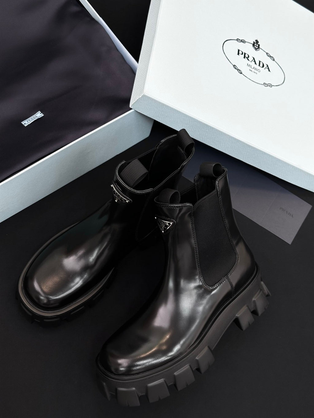 Prada Women's Fall/Winter Fashion Classic Solid Color Round Toe Slip On Leather Ankle Boots Chester Boots with Thick Soles Shoes #78532