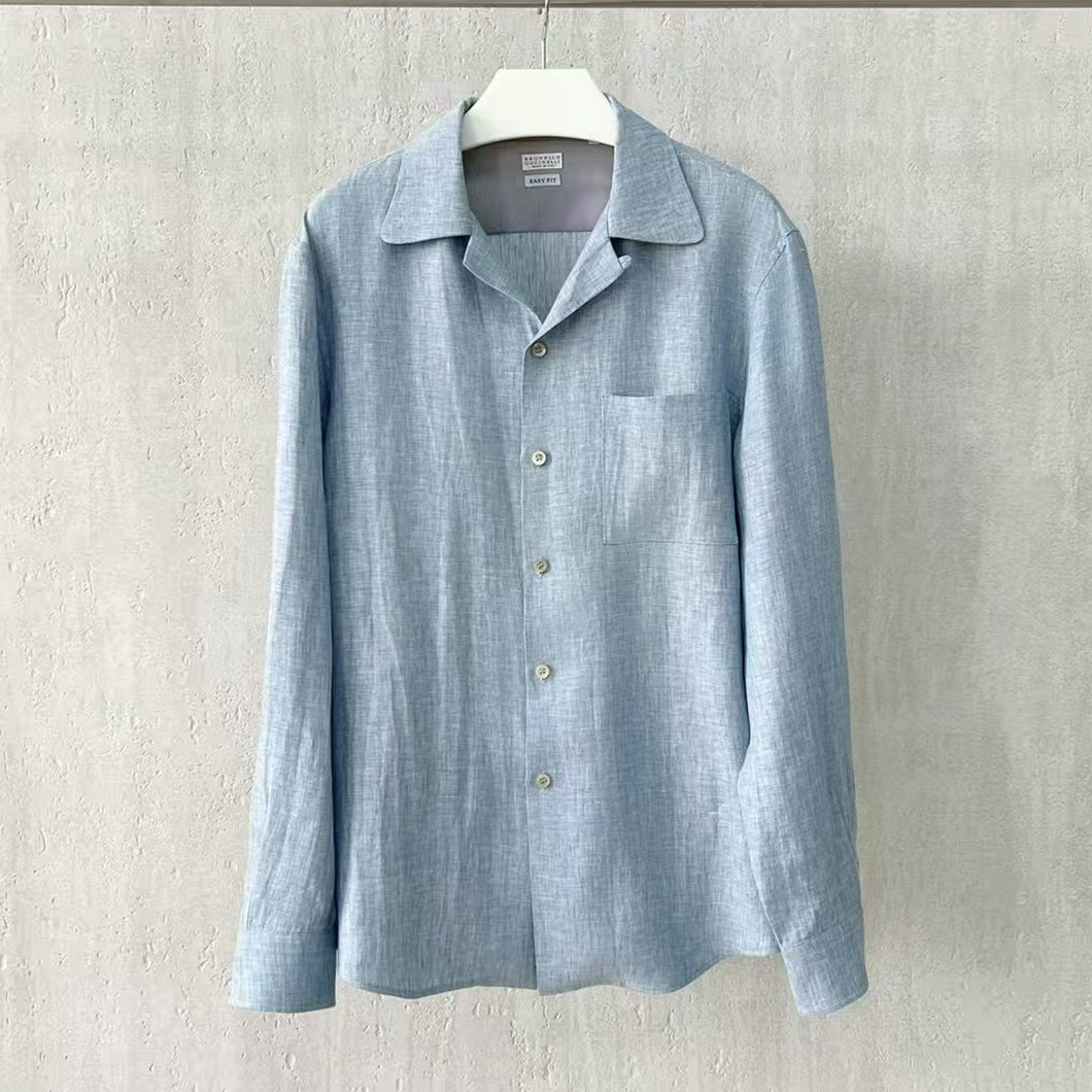Brunello Cucinelli Men's Linen Easy Fit Shirt with Camp Collar and Chest Pocket Spring And Autumn Solid Color Long Sleeve Top Ngvp #1455