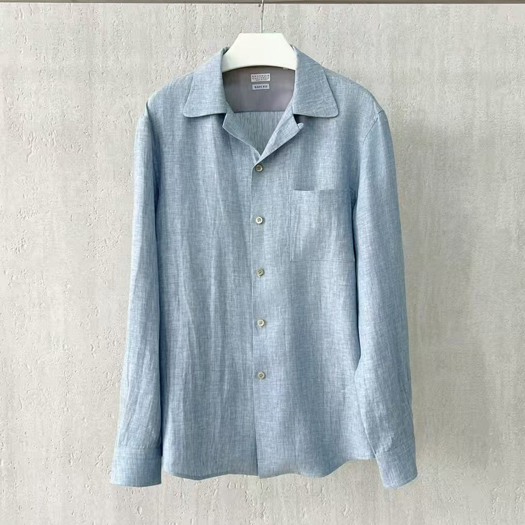 Brunello Cucinelli Men's Linen Easy Fit Shirt with Camp Collar and Chest Pocket Spring And Autumn Solid Color Long Sleeve Top Ngvp #1455