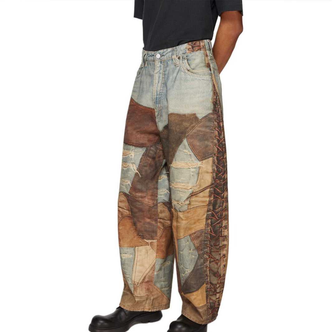Acne Studios Men's Four Seasons Vintage Mud Dye Spliced Printed Loose Cotton Mid Waist Wide Leg Denim Pants Ngvp #8369