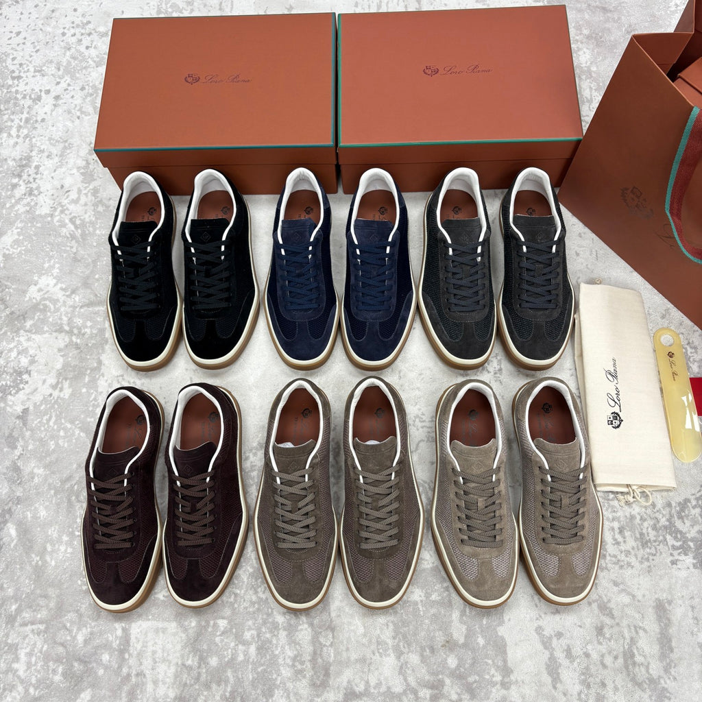 Loro Piana Men's Spring/Fall Fashion Casual Round Toe Lace Up Low Top Leather Patch Sneakers Breathable Mesh Patch Fabric Casual Shoes #79242