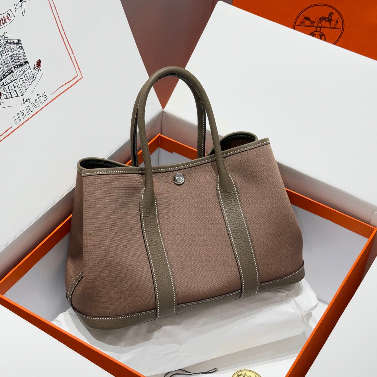 Hermes Garden Party 30 Women's Silver Buckle Colour Blocking Canvas and Calfskin Tote Bag Bags #76891