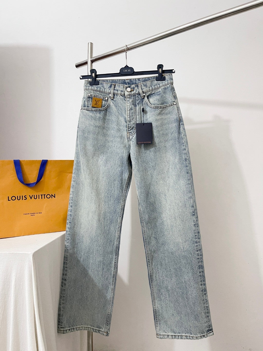 Louis Vuitton Men's Spring/Autumn Solid Color Embroidered Logo Pocket Jeans Pants #77221