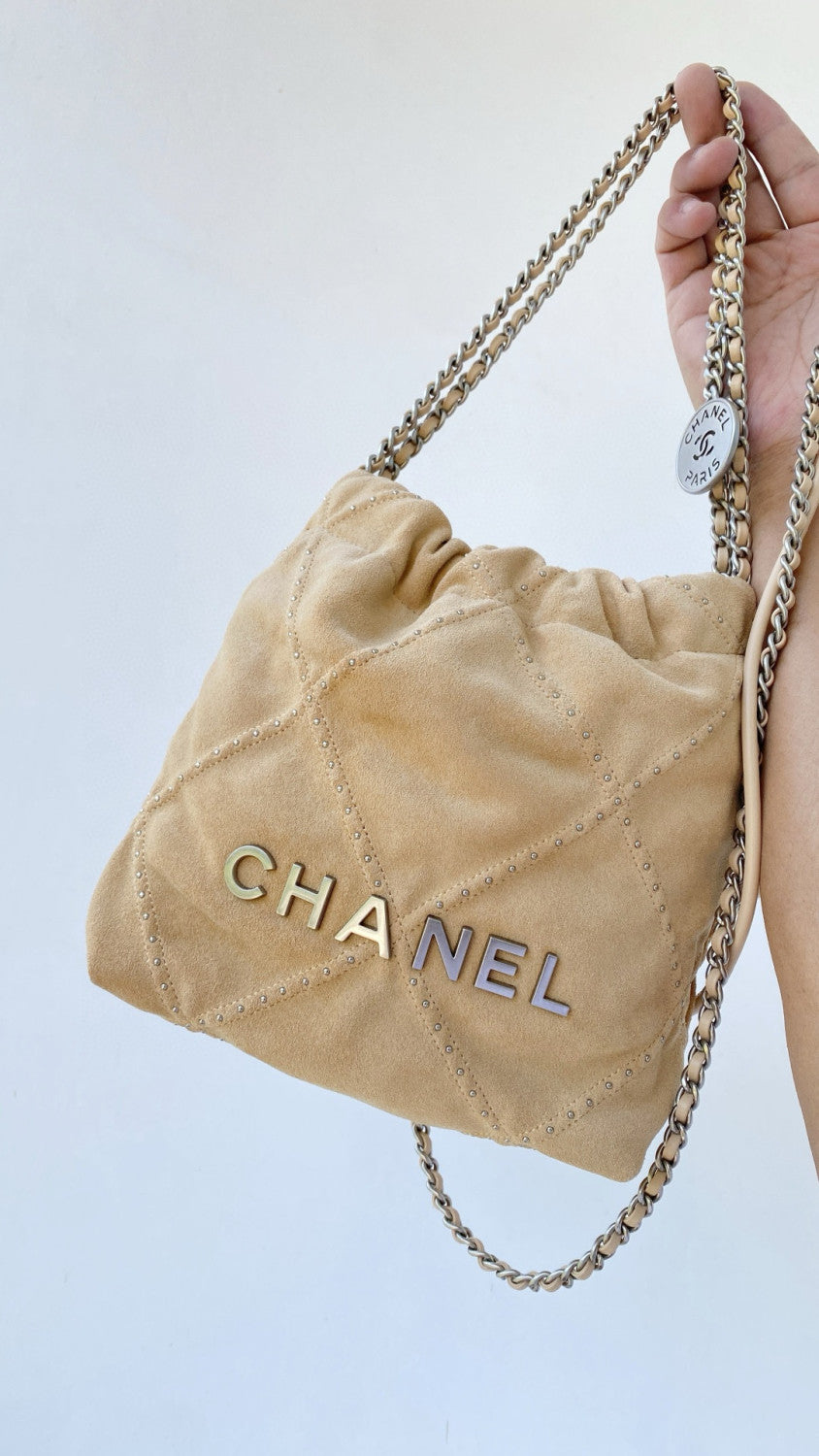 Chanel Suede Rivet Style 22 Bag Mini Antique Silver Buckle Italian Bonaudo Suede Calfskin Apricot Silver Buckle Women's Luxury Chain-strap Tote Bag Bags #81448