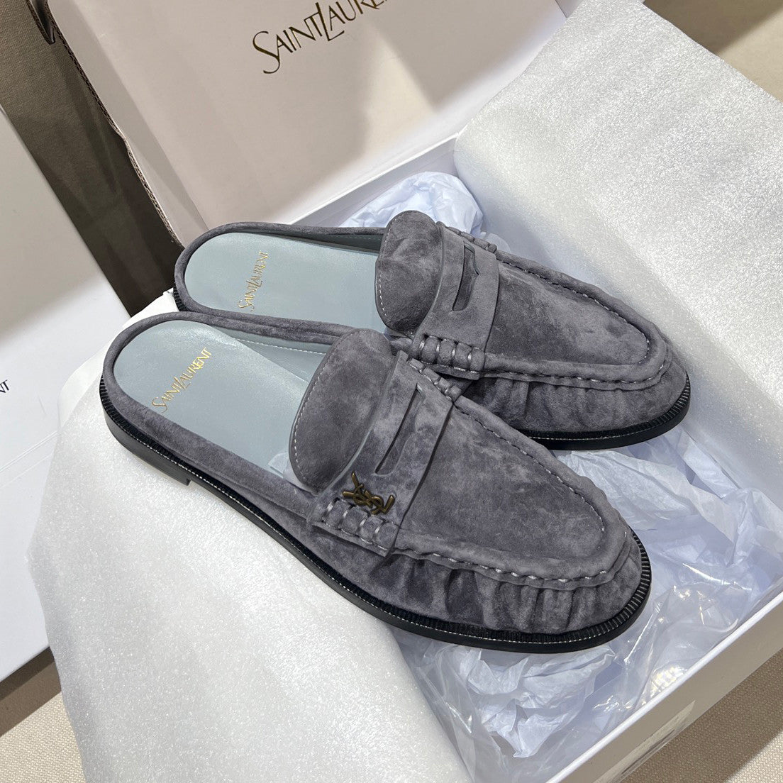 Saint Laurent Men's And Women's Spring/Fall Fashion Casual Round-Toe Flat-Sole Open-Back Loafers Shoes #78768