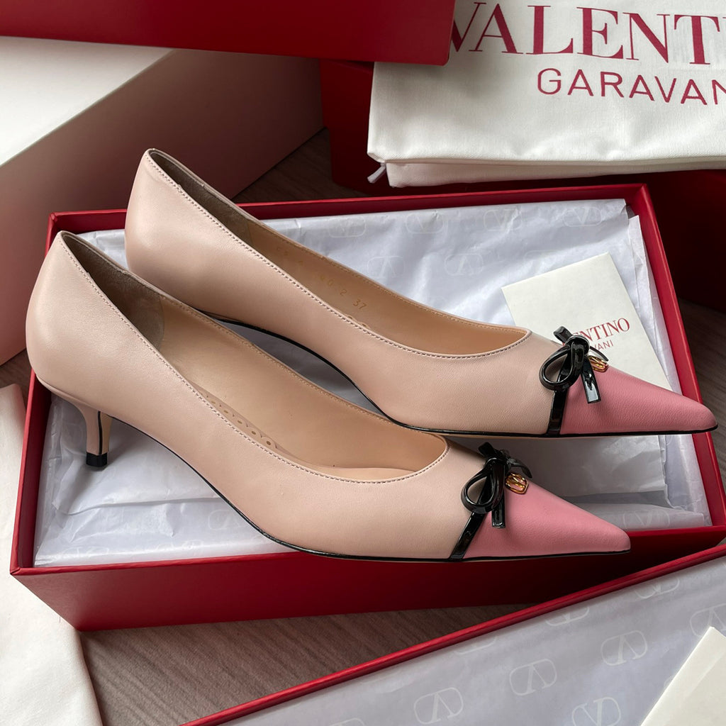 Valentino Women's Spring/Fall Classic Pointed Toe Covered Toe Bow V-Logo Sandals 4cm Heel Height Shoes #78843