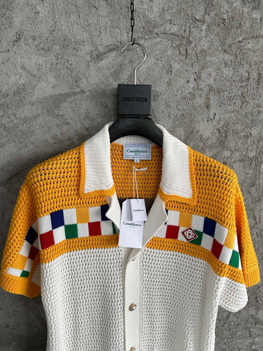 Casablanca Men's Summer Color Block Crochet V-Neck Knit Single Breasted Short Sleeve Shirt Shorts Set Suit #72869