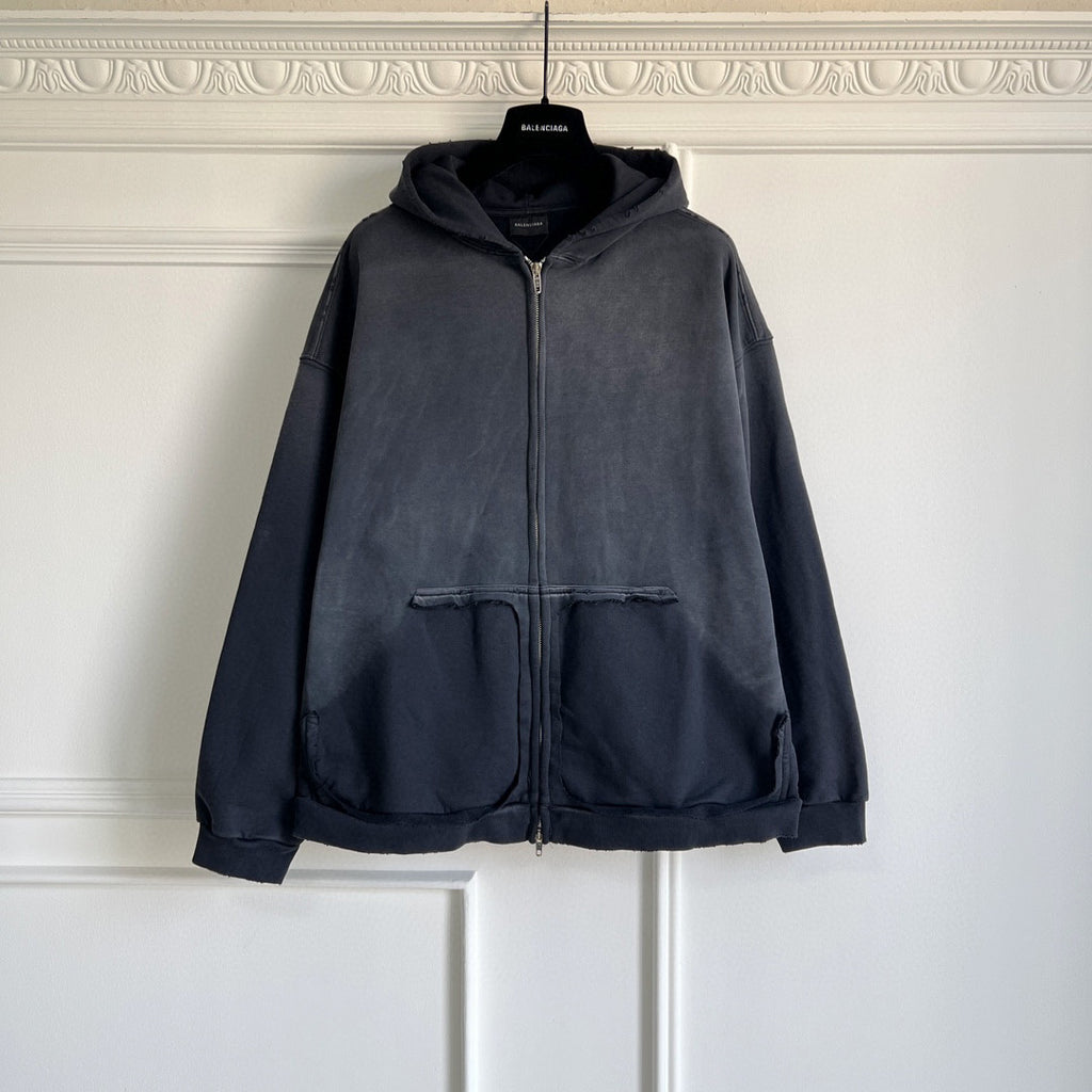 Balenciaga Men's Tape Type Ripped Pocket Oversized Fit Zip Hooded Sweatshirt Pullover #96961