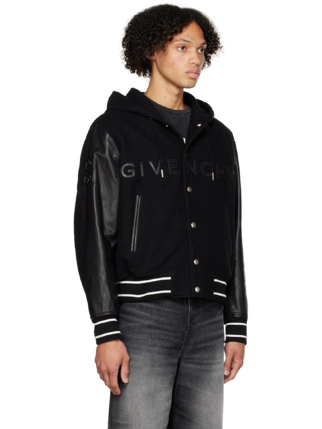 Givenchy Men's Fall/Winter Black Logo Printed Single Breasted Hooded Aviator Jacket #72996
