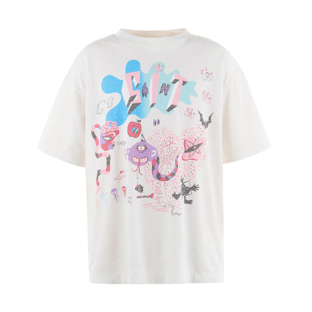 Saint Michael Men's Summer Graffiti Letter Print Casual Retro Solid Color Short Sleeve T-Shirt Ngvp #1835