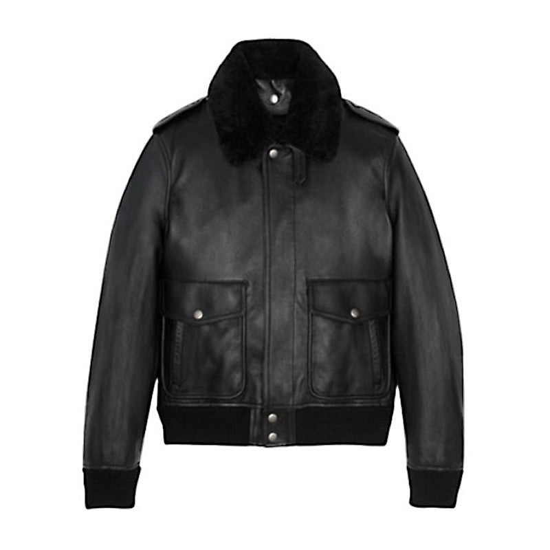 Saint Laurent Men's Winter Black Pilot Single Breasted Zipper Leather Jacket #98459