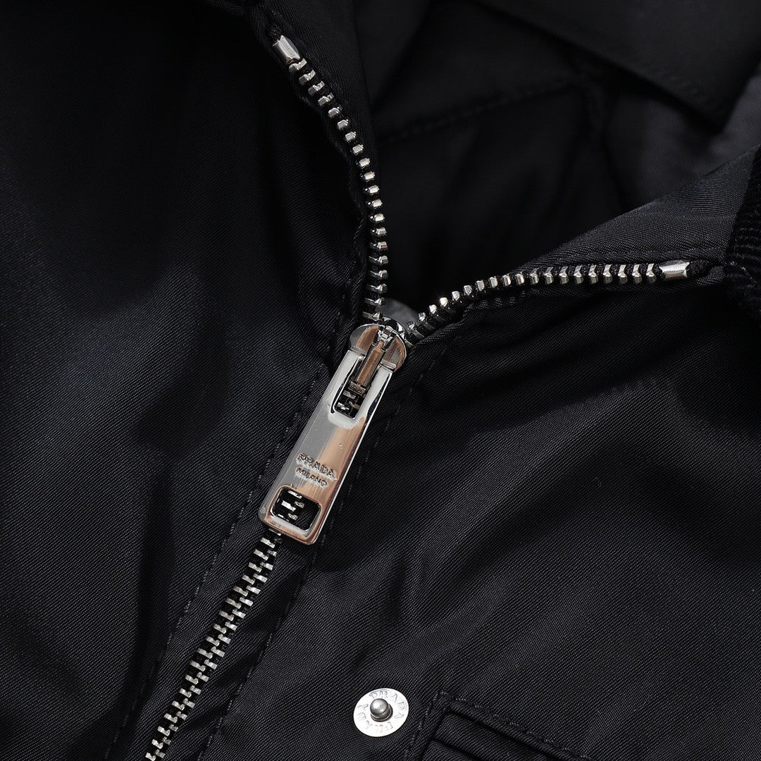 Prada Men's Fall And Winter Black Nylon With Corduroy Zipper Long Sleeved Jacket #73321