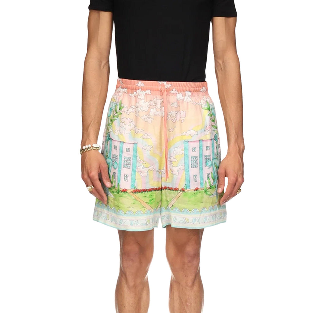 Casablanca Men's Women's Spring And Autumn Vase Print Lapel Single-Breasted Short-Sleeved Linen Shirt Casual Elastic Waist Loose Shorts Ngvp #9386