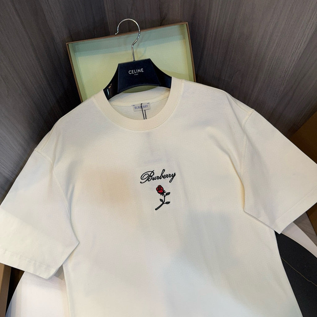 Burberry Men's Women's Summer Letter Floral Embroidery Cotton Round Neck Solid Color Short Sleeve T-Shirt #76328