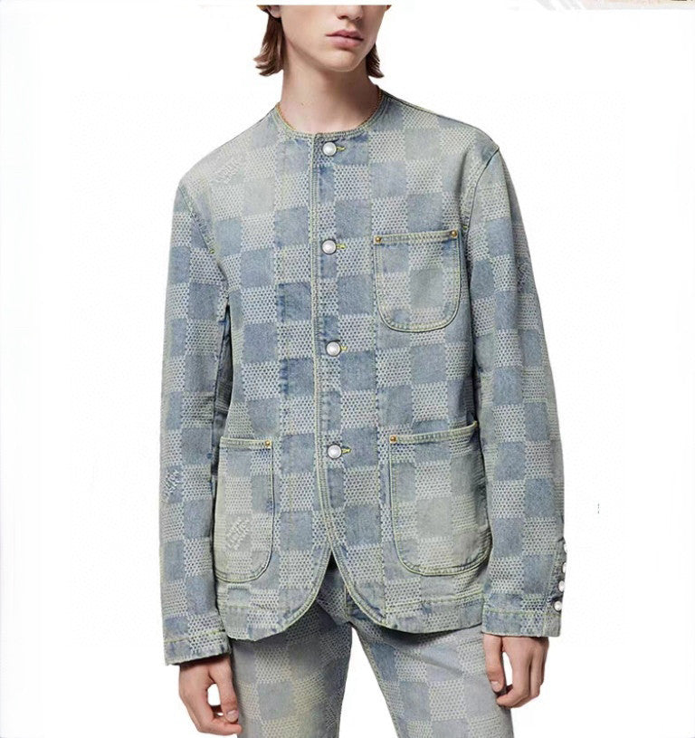Louis Vuitton Men's Spring And Fall Fashion Plaid Denim Suit Gradient Wash Vintage Round Neck Jacket Casual Flared Pants Set #99297